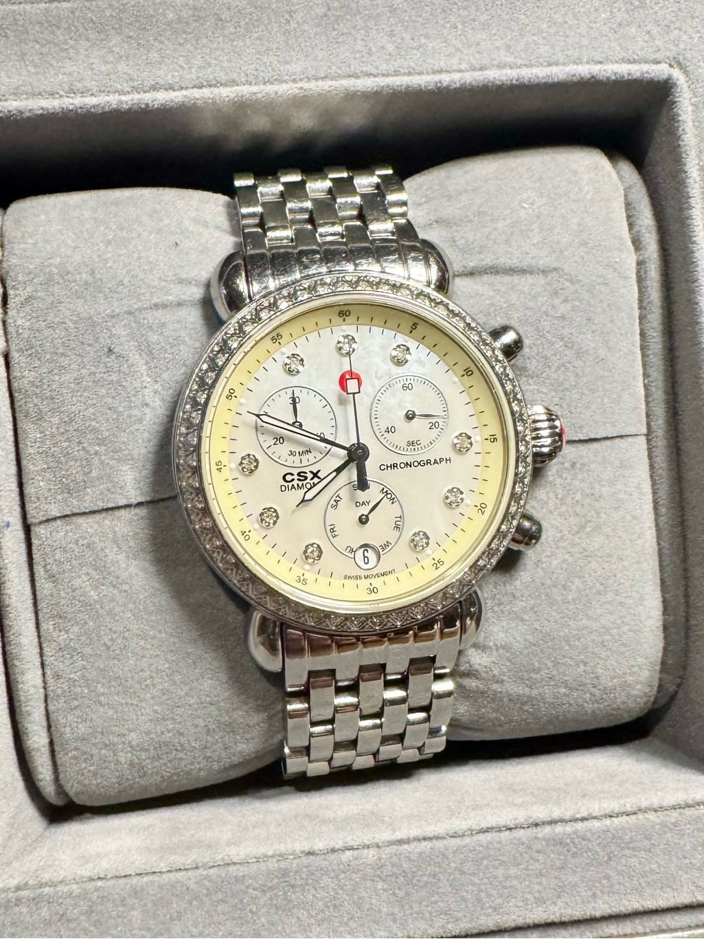 Michele Csx Diamond Chronograph 36mm Mop Diamond Bezel Box  Papers